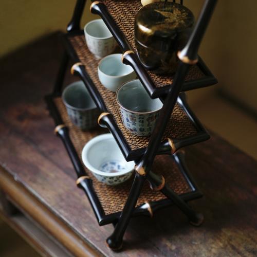 筇竹制茶杯架桌面收納茶道博古架杯架三層階梯茶具收納置物架|咖啡茶具
