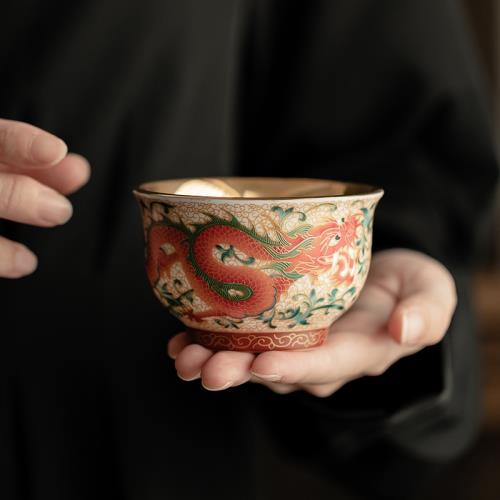 琺瑯彩鎏金茶杯龍鳳對杯陶瓷主人杯茶盞家用手工單杯喝茶杯禮盒裝|咖啡