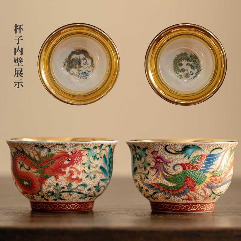 中国茶器 琺瑯彩龍鳳茶杯 カップル杯 主人杯 四方杯 新品未使用 琺瑯彩鎏金茶杯龍鳳對杯陶瓷主人杯茶盞家用手工單杯喝茶杯禮盒裝|咖啡
