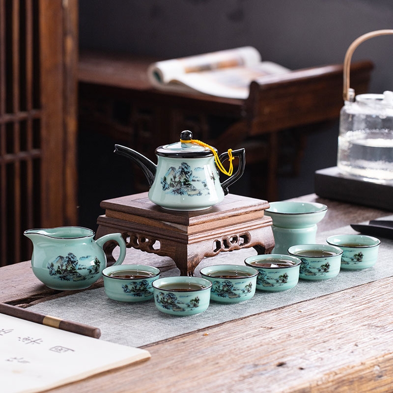 景德鎮陶瓷茶具套裝青瓷功夫茶具三才蓋碗茶壺茶碗家用禮品logo定|咖啡