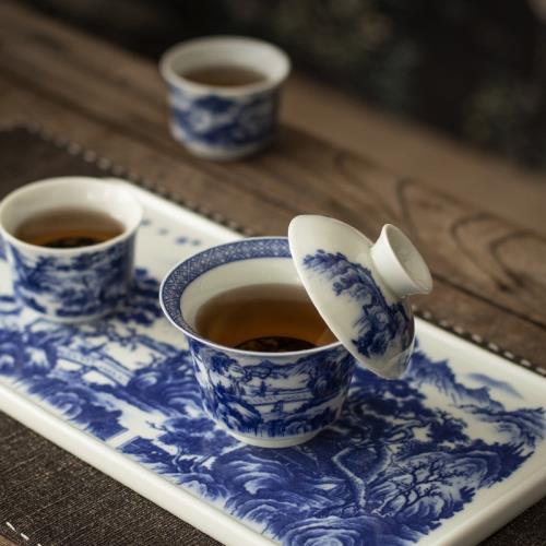 青花山水復古茶具套裝家用一碗二杯陶瓷懸停蓋碗茶杯干泡組禮盒裝|咖啡
