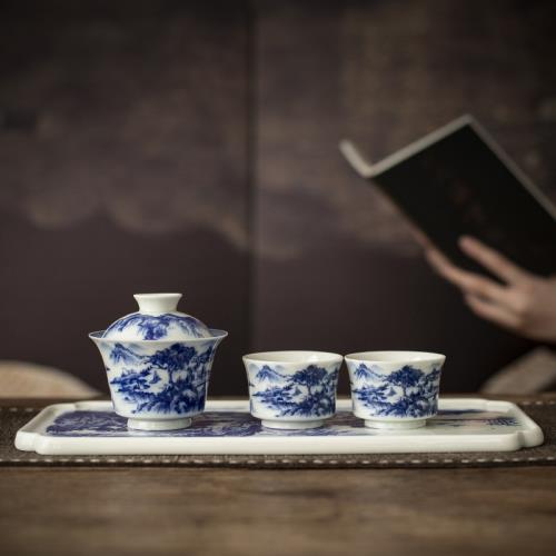 青花山水復古茶具套裝家用一碗二杯陶瓷懸停蓋碗茶杯干泡組禮盒裝|咖啡