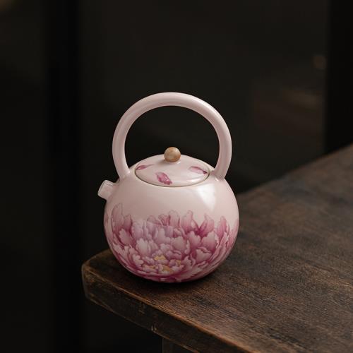 粉色汝窯牡丹圓滿提梁壺開片可養陶瓷茶具茶壺家用功夫茶具泡茶壺|咖啡