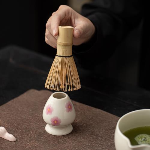 日式櫻花抹茶碗茶筅立陶瓷點茶碗茶道配件打沫攪拌碗茶筅座茶刷托|咖啡