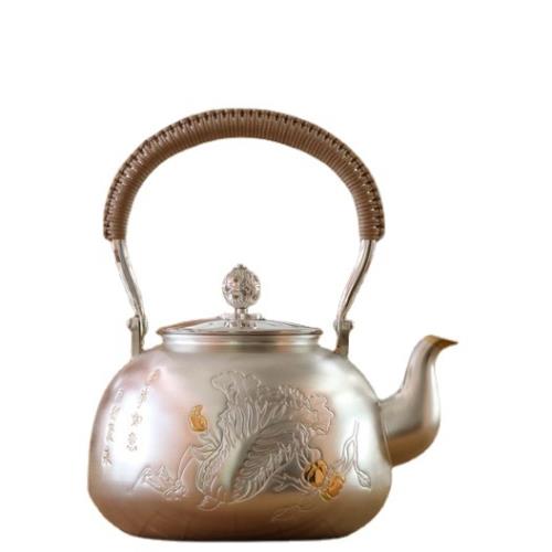 正品銀壺純銀9999燒水壺純手工一張銀口打出純銀茶壺茶具大容量|咖啡