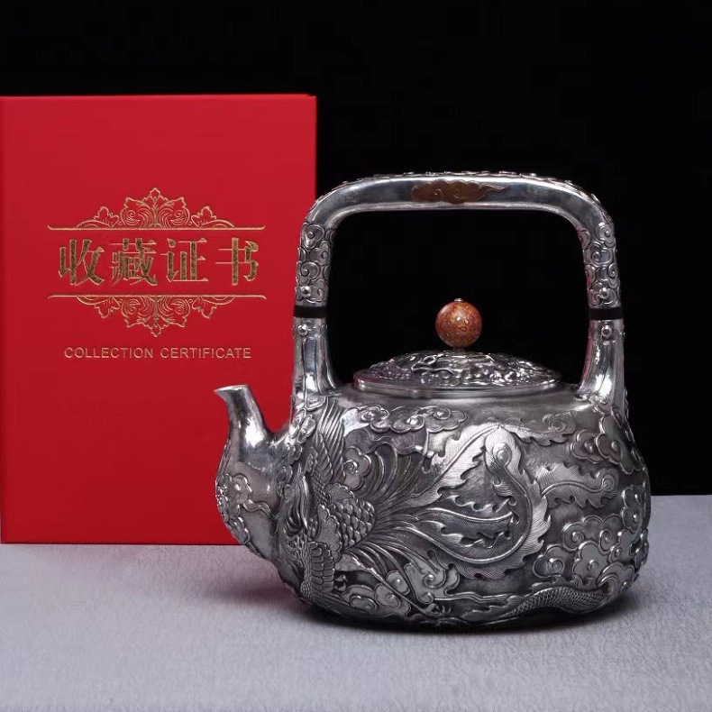 大師銀壺純銀999燒水壺茶具純手工壺一張打家用茶道提梁銀茶壺|咖啡茶具