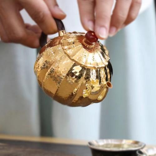 鍍24K真金泡茶小銀壺999純手工銀茶具茶壺雪花銀日本純銀功夫套裝|茶具