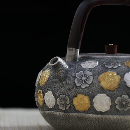 太陽花燒水泡茶銀壺純銀9999手工一張足銀茶壺日本銀器套裝工藝品|茶具