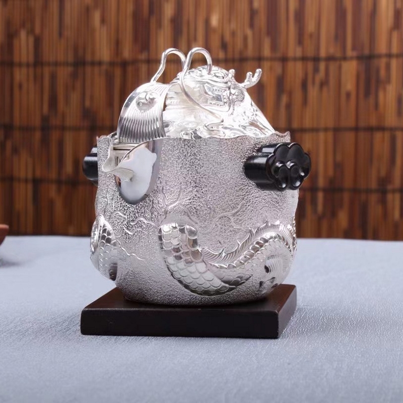 浮雕龍純銀999家用分茶器套裝手工銀壺公道杯高檔旅行手抓壺茶具|咖啡