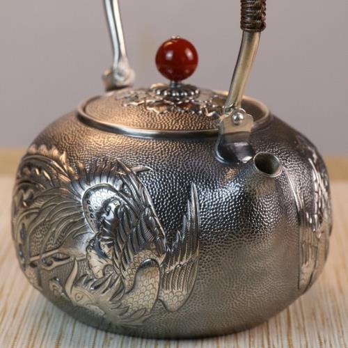 鸞鳳和鳴煮茶銀壺純銀9999燒水壺純手工一張銀口打出日本純銀茶壺|咖啡