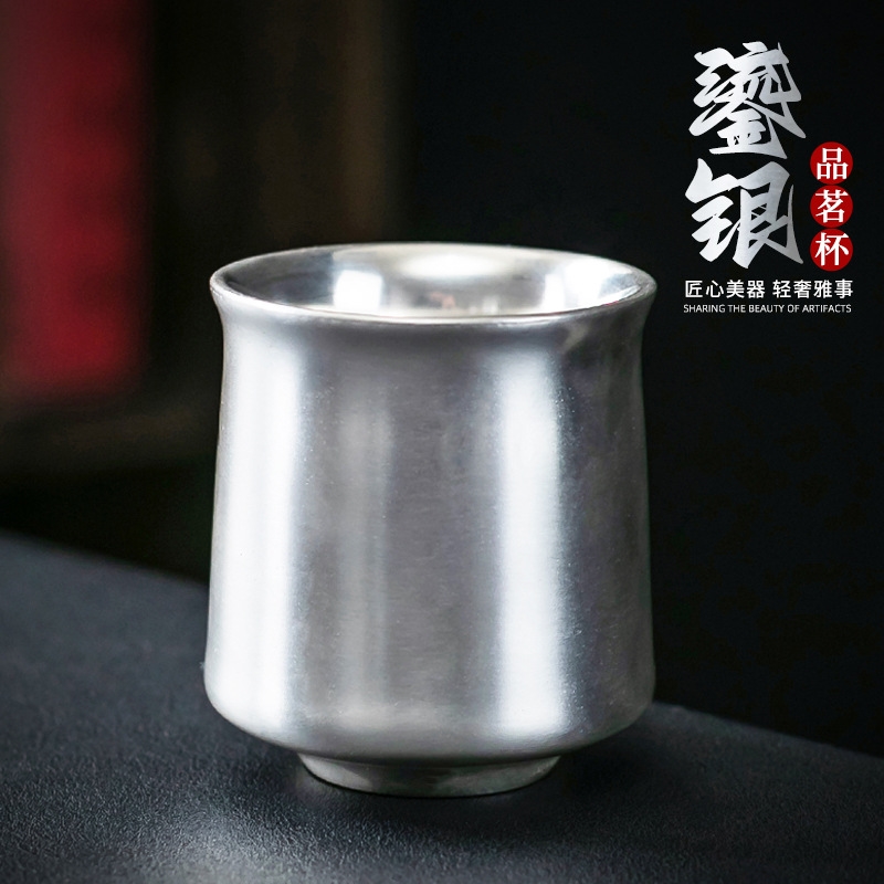 陶瓷鎏銀杯子999純銀個人專用主人銀茶杯品茗茶盞瓷鎏銀茶具單杯|茶具