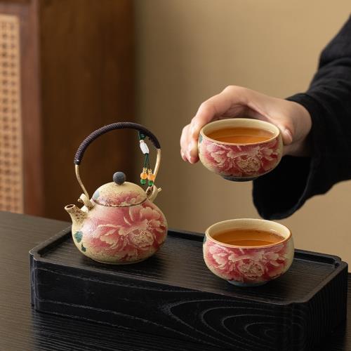 火石紅陶瓷茶壺做舊復古青花牡丹提梁壺二杯旅行便捷高檔具泡茶器|茶具