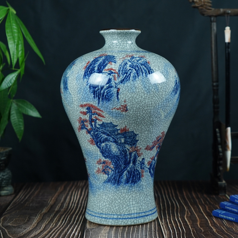 景德鎮中式山水陶瓷花瓶青花釉里紅家居瓷器擺件仿古裝飾工藝品|裝飾壺