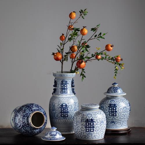 景德鎮青花喜字花瓶家居客廳青花瓷裝飾品插花瓷器中式陶瓷擺件|裝飾壺