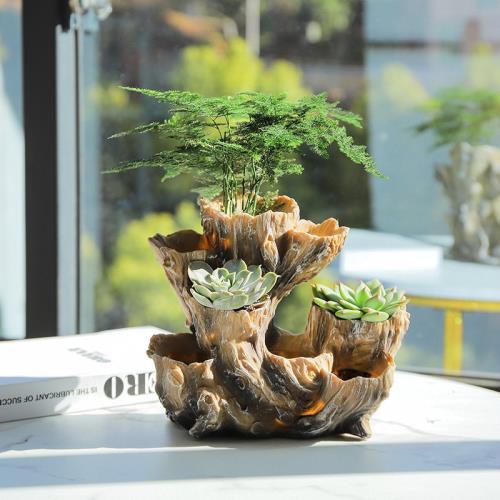 天然木　枯木 インテリア　置物　盆栽　生け花 枯木空氣花盆組合鳳梨景花仿木隨形石斛花盆枯木造多肉樹根老樹樁|花盆