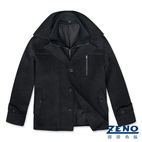 ZENO傑諾 排扣翻領假二件式毛呢大衣‧灰色M-3L