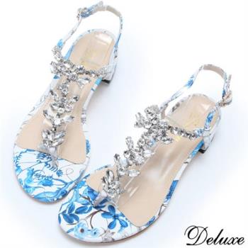 【Deluxe】全真皮氣質印花奧地利精緻水鑽夾角涼跟鞋(藍)