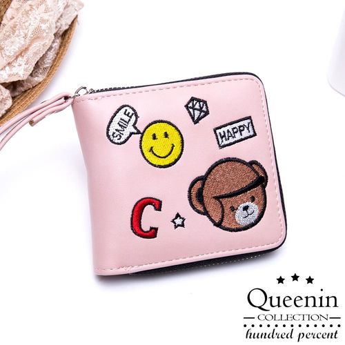 DF Queenin皮夾 - 可愛刺繡仿皮款單拉鍊短夾-共2色