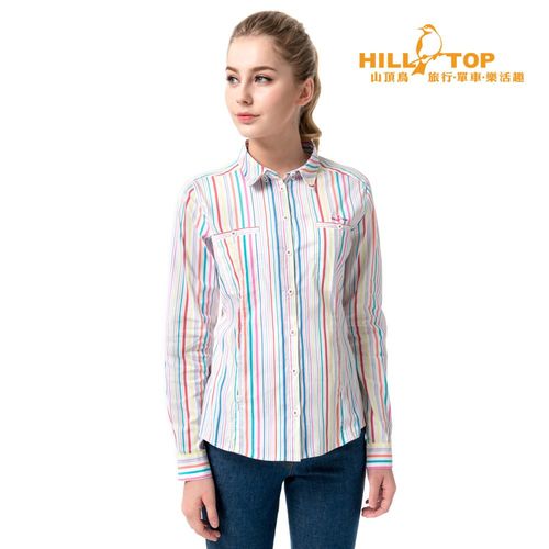 【hilltop山頂鳥】女款吸濕排汗抗UV彈性長袖襯衫S05F66水晶藍底彩條