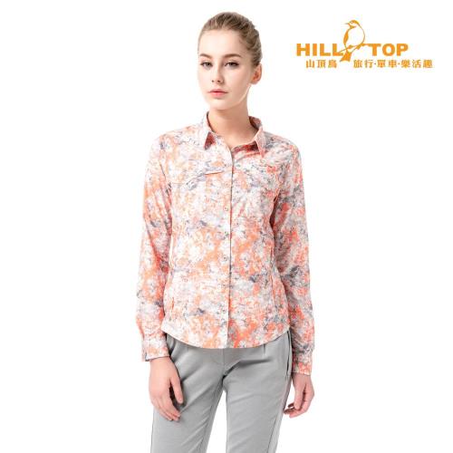 【hilltop山頂鳥】女款吸濕排汗抗UV長袖襯衫S05F68白底灰螢光橘印花