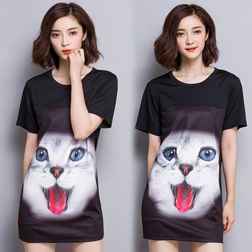 【韓國K.W.】可愛貓咪印花短袖洋裝