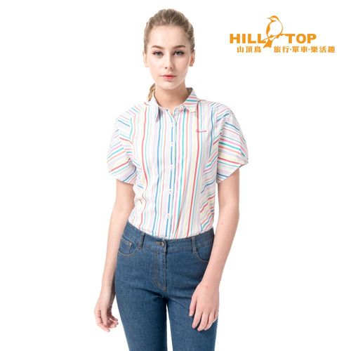 【hilltop山頂鳥】女款吸濕排汗抗UV彈性短袖襯衫S06F56白底彩條