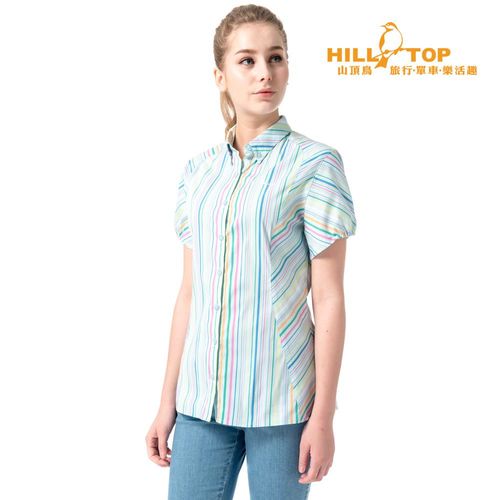 【hilltop山頂鳥】女款吸濕排汗抗UV彈性短袖襯衫S06F56水晶藍底彩條