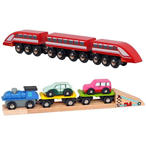 台灣【Mentari木頭玩具】歐洲之星列車+雙層運輸小車隊 木頭火車軌道 火車軌道配件 