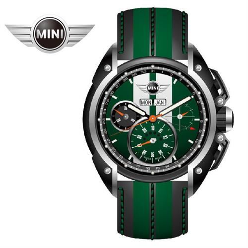 MINI手錶/腕錶 綠面白條三眼外圈數字石英計時黑綠雙色皮帶手錶 45mm MINI-03