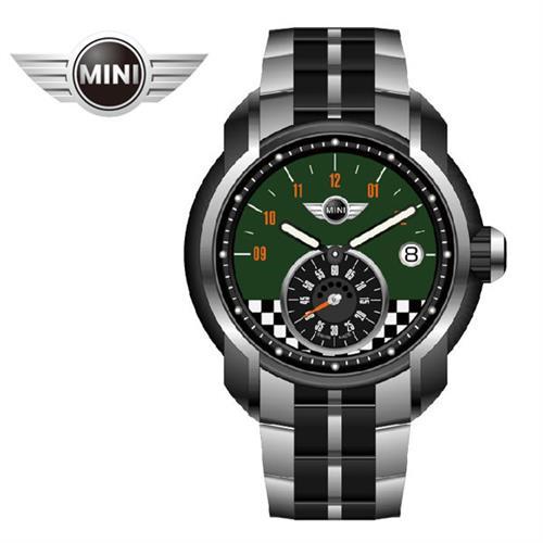 萬寶鐘錶MINI手錶/腕錶 MINI Swiss Watches 森林綠賽車格紋石英計時雙色鍊帶錶 45mm MINI-49ES