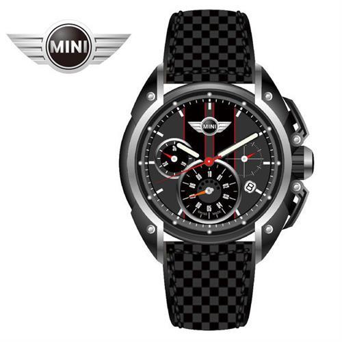 萬寶鐘錶MINI手錶/腕錶 MINI Swiss Watches低燒黑灰紅邊三眼黑色碳纖維皮帶手錶 45mm MINI-23
