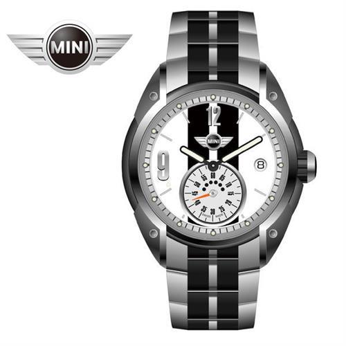 MINI手錶/腕錶 菁英黑白單眼三點日期窗石英計時銀黑雙色不鏽鋼鍊帶手錶 45mm MINI-77E