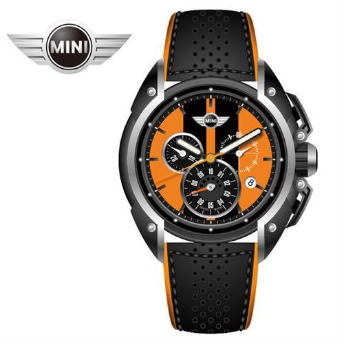 MINI手錶/腕錶 熔岩橘面黑條四點日期窗黑底橘邊皮帶石英計時手錶 45mm MINI-28