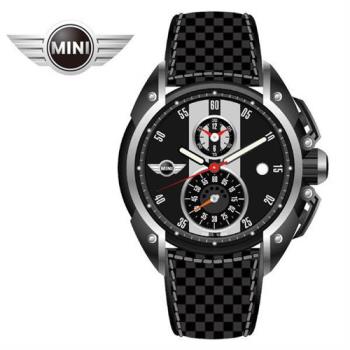 MINI手錶/腕錶 新銳黑白二眼分數數字三點日期窗石英計時黑色碳纖維皮帶手錶 45mm MINI-12