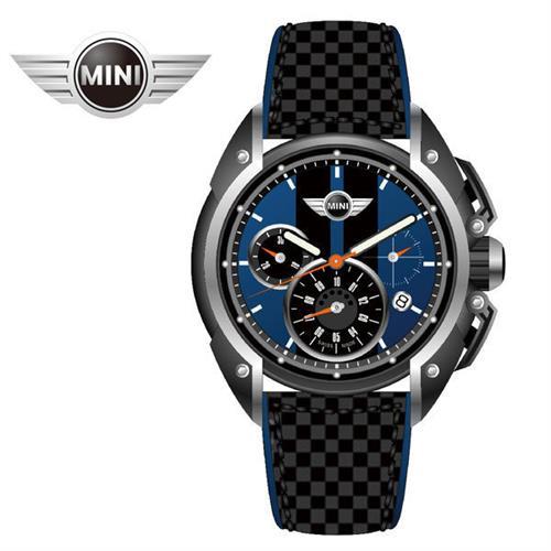 MINI手錶/腕錶 純派藍黑三眼四點日期窗石英計時黑色碳纖維藍邊皮帶手錶 45mm MINI-22