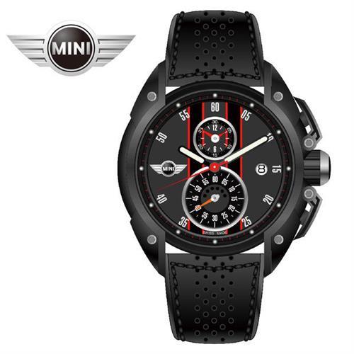 MINI手錶/腕錶 暗夜輕紅二眼三點日期窗石英計時黑色皮帶手錶 45mm MINI-16
