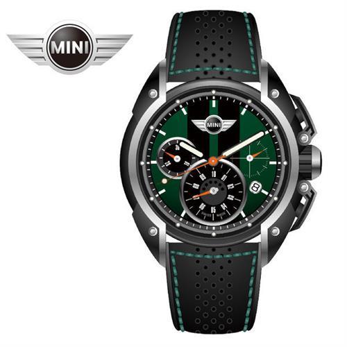 MINI手錶/腕錶 英倫純綠三眼四點日期窗石英計時黑色綠線皮帶手錶 45mm MINI-27