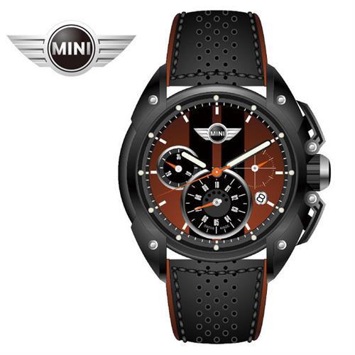 MINI手錶/腕錶 低調巧克力三眼四點日期窗石英計時黑色棕邊皮帶手錶 45mm MINI-19