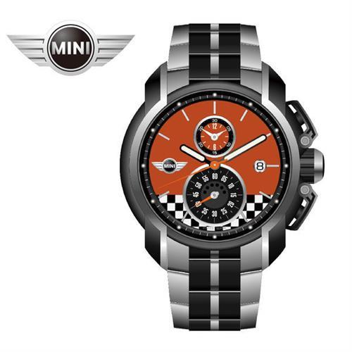 MINI手錶/腕錶 勁飆橘下方賽車格紋二眼三點日期窗銀黑雙色鍊帶手錶 45mm MINI-36