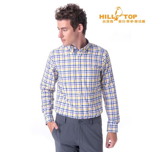 【hilltop山頂鳥】男款吸濕排汗抗UV長袖襯衫S05M60黃深藍格