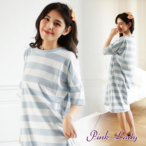 PINK LADY 簡約線條 短袖條紋睡裙7038(藍灰)