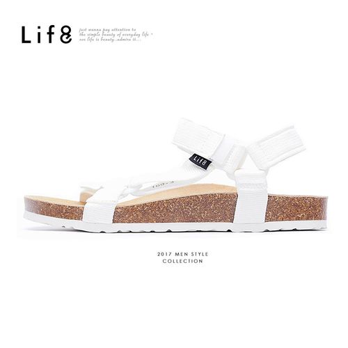 Life8 - Casual 織帶 牛皮墊 可調式記憶涼拖鞋-白色-09625