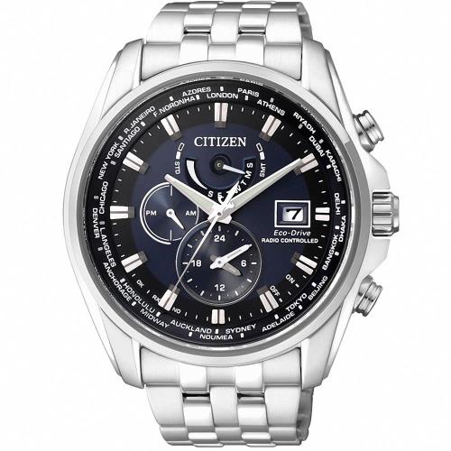 CITIZEN 星辰 廣告款光動能全球電波萬年曆腕錶/藍/44mm/AT9031-52L