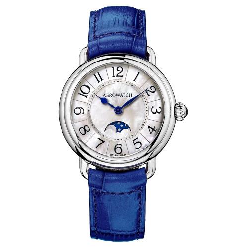 AEROWATCH 歐式風尚月相顯示經典女錶 珍珠貝x藍 35mm A43960AA01