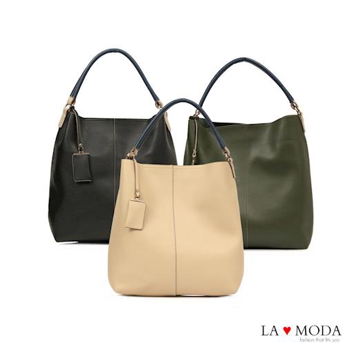 La Moda 創意編織手把設計超大容量撞色軟皮肩背托特包 (共3色)