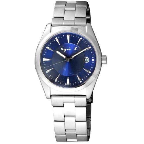 agnes b. 紳士品格 大三針時尚腕錶-銀X藍/35mm/7N32-0BM0D