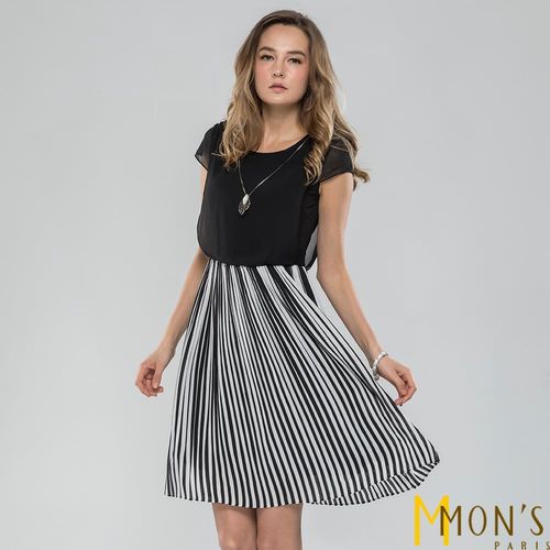 MONS法式雙色相間壓褶修身洋裝 2件組