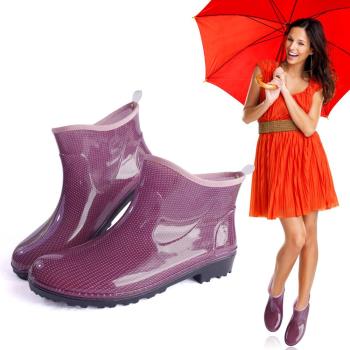 台製一體成型時尚短筒雨靴雨鞋(紫點)