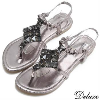 【Deluxe】夏日美人氣質浪漫菱形方晶夾腳涼鞋(灰)