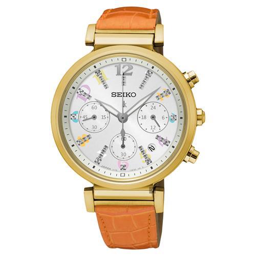 SEIKO精工LUKIA太陽能晶鑽計時女錶銀x橘色錶帶36mmV175-0DY0YSSC842J1